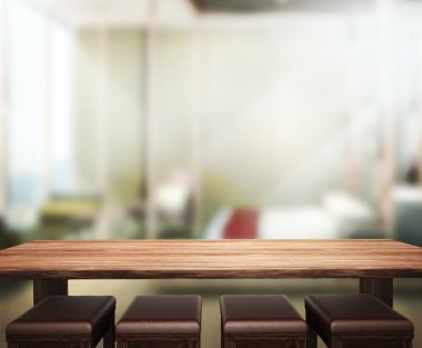 Ahşap masa üst arka plan içinde yatak odası 3d render