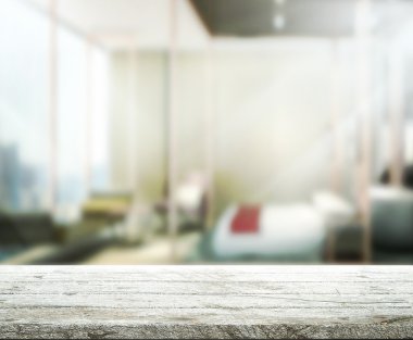 Ahşap masa üst arka plan içinde yatak odası 3d render