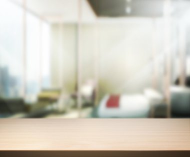 Ahşap masa üst arka plan içinde yatak odası 3d render