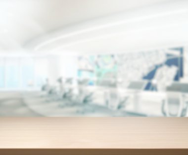 Ahşap masa arka planda Office 3d render
