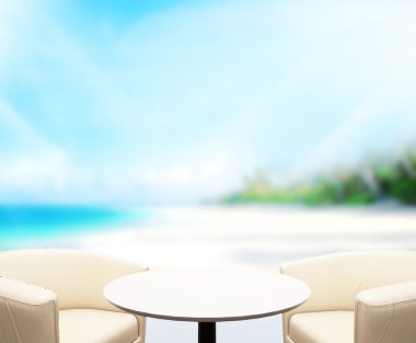 Ahşap masa üst arka plan deniz ve gökyüzü 3d render