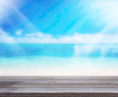 Ahşap masa üst arka plan deniz ve gökyüzü 3d render