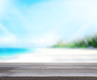 Ahşap masa üst arka plan deniz ve gökyüzü 3d render
