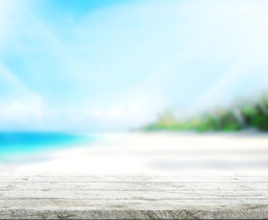 Ahşap masa üst arka plan deniz ve gökyüzü 3d render