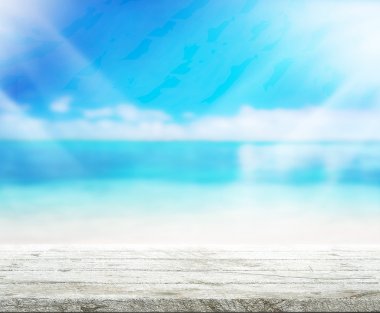 Ahşap masa üst arka plan deniz ve gökyüzü 3d render