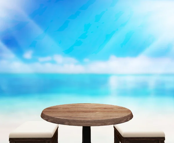 나무 테이블 톱 배경 바다와 하늘 3d 렌더링 — 스톡 사진