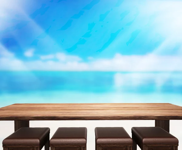 Dřevo stolu Top pozadí moře a Sky 3d vykreslení — Stock fotografie