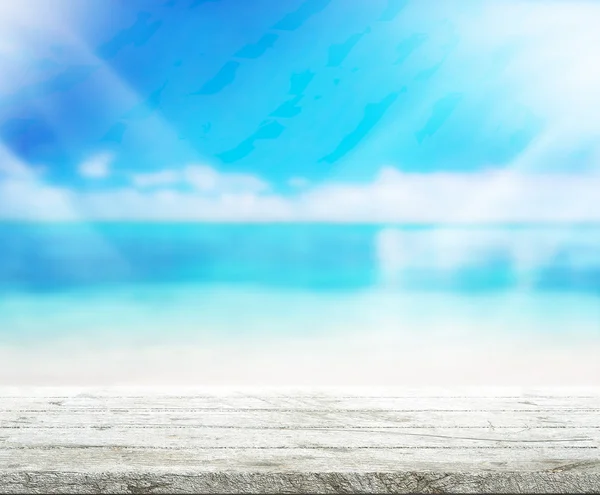 Ahşap masa üst arka plan deniz ve gökyüzü 3d render
