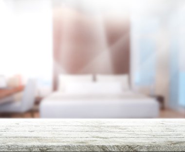 Masa üstü ve bulanıklık arka planda yatak odası