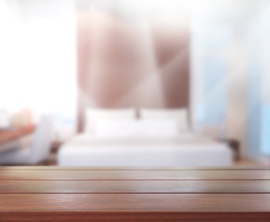 Masa üstü ve bulanıklık arka planda yatak odası