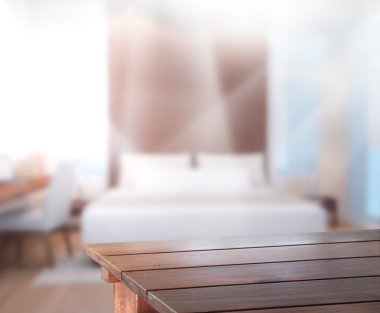 Masa üstü ve bulanıklık arka planda yatak odası