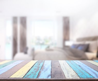 Masa üstü ve bulanıklık arka planda yatak odası