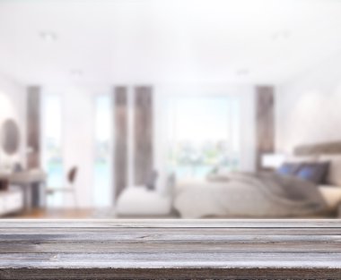 Masa üstü ve bulanıklık arka planda yatak odası