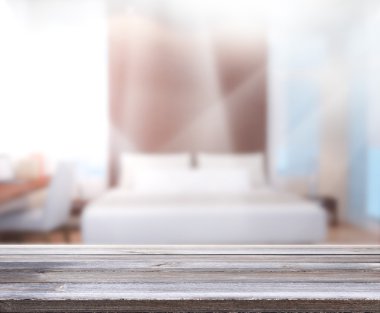 Masa üstü ve bulanıklık arka planda yatak odası