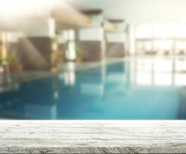 Wood Table Top Background And Pool — Stock Photo, Image