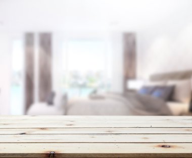 Masa üstü ve bulanıklık arka planda yatak odası