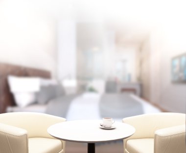 Masa üstü ve bulanıklık arka planda yatak odası