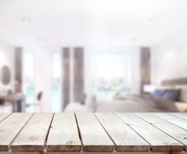 Masa üstü ve bulanıklık arka planda yatak odası