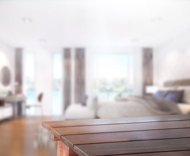 Masa üstü ve bulanıklık arka planda yatak odası