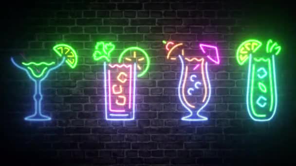 Collectie Tropische Cocktails Drankjes Bar Licht Neon Teken Baksteen Muur — Stockvideo