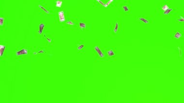 Rus Rublesi banknotları yağmur gibi yağıyor. Düşen para bolluğu yeşil ekran krom anahtar arka plan animasyonu 3d
