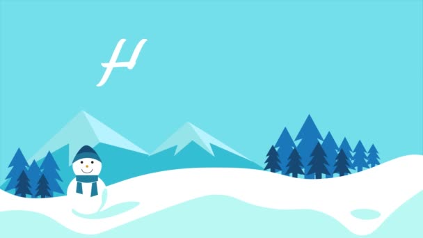 Hallo Winter Text Kalte Jahreszeit Schneeflocke Karikatur Landschaft Grußkarte — Stockvideo