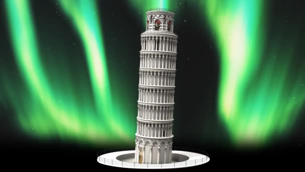 Toren Van Pisa Italië Monument Aurora Borealis Noorderlicht Hemel Animatie — Stockvideo