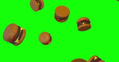 Burgerler yağmur gibi yağar fast food dağıtımı yeşil ekran 10 animasyon 3 boyutlu krom yağmuru