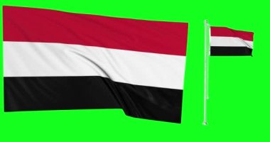 Yeşil ekran Yemen rüzgarda sallanan iki bayrak Yemeni bayrak direği animasyonu 4k 3d 