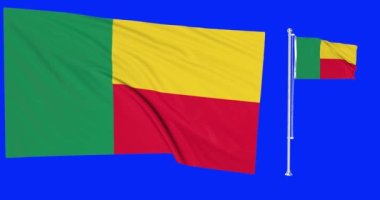 Benin 'in iki bayraklı yeşil ekran döngüsü Benin bayrak direği animasyonu 3d