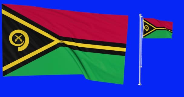 Tela Verde Vanuatu Duas Bandeiras Acenando Vento Vatu Flagpole Animação — Vídeo de Stock
