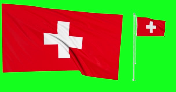 Pantalla Verde Suiza Dos Banderas Ondeando Bandera Suiza Animación Croma — Vídeos de Stock