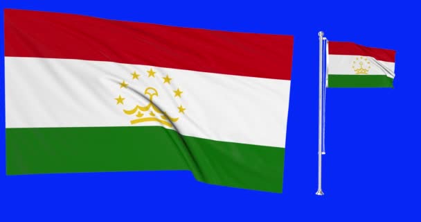 Grüner Bildschirm Tadschikistan Zwei Flaggen Wehen Tajiki Flaggenmast Animation Chroma — Stockvideo