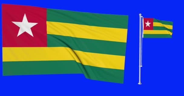 Layar Hijau Togo Dua Bendera Melambaikan Animasi Tiang Bendera Togo — Stok Video