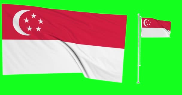 Зеленый Экран Сингапур Два Флага Сингапорейской Анимацией Флагштока Хрома — стоковое видео