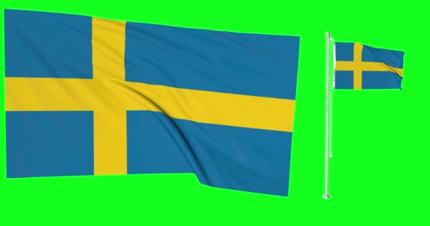 Zielony Ekran Szwecja Dwa Flagi Machanie Szwedzki Flaga Animacja Chroma — Wideo stockowe