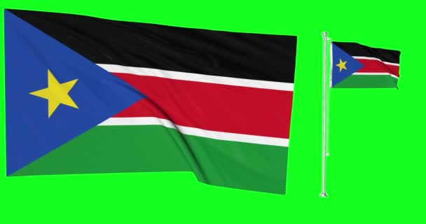 Зелений Екран Південний Судан Два Прапори Розмахуючи Суданським Флагштоком Анімації — стокове відео