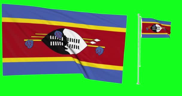 Zielony Ekran Eswatini Dwie Flagi Machające Swaziland Flagpole Animacja Chroma — Wideo stockowe