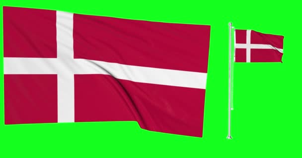 Zielony Ekran Pętli Danii Dwie Flagi Machając Duński Flagpole Animacji — Wideo stockowe