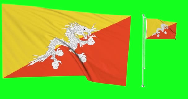 Groene Scherm Lus Van Bhutan Twee Vlaggen Zwaaien Bhutanese Vlaggenmast — Stockvideo