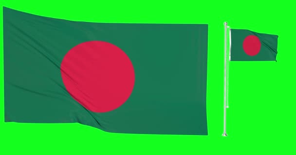 绿屏孟加拉国两面旗帜摇曳 旗杆动画3D冲突 — 图库视频影像