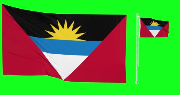 Zielony Ekran Antigua Barbuda Dwie Flagi Machające Wyspa Flagpole Animacja — Wideo stockowe