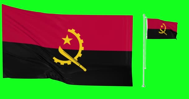 Green Screen Angola Zwei Flaggen Schwenken Angolanische Flaggenmast Animation Chroma — Stockvideo