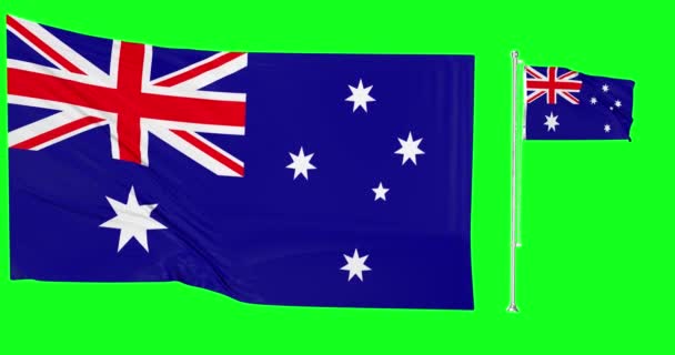 Boucle Écran Vert Australie Deux Drapeaux Agitant Animation Mât Drapeau — Video