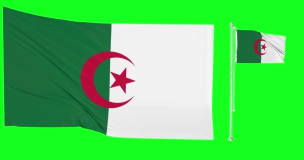 緑の画面アルジェリア2つのフラグを振ってアルジェリアの旗竿アニメーション3D — ストック動画
