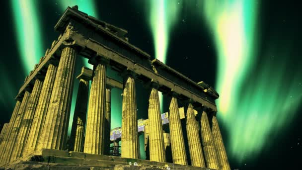 Parthenon Acropolis Athene Griekenland Aurora Borealis Noorderlicht Hemel Animatie — Stockvideo