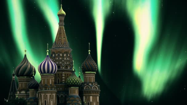 Saint Basil Moskva Cathedral Church Ryssland Norrsken Aurora Borealis Sky — Stockvideo