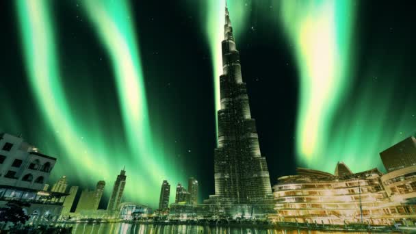 Burj Khalifa Dubai Toren Aurora Borealis Noorderlicht Lucht Animatie — Stockvideo