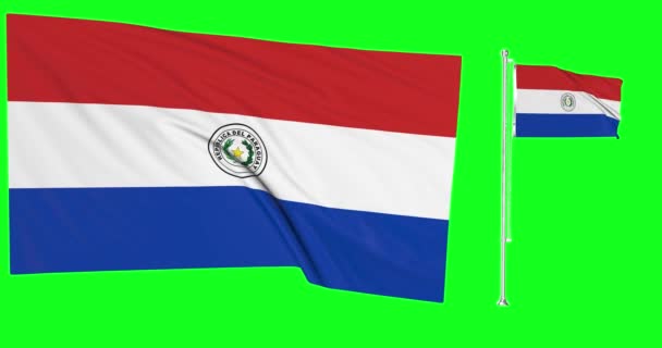 Grön Skärm Paraguay Två Flaggor Viftande Paraguayan Flaggstång Animation Chroma — Stockvideo