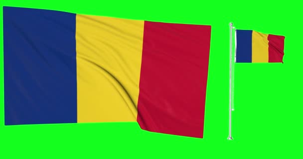 Tela Verde Roménia Duas Bandeiras Acenando Vento Romeno Flagpole Animação — Vídeo de Stock